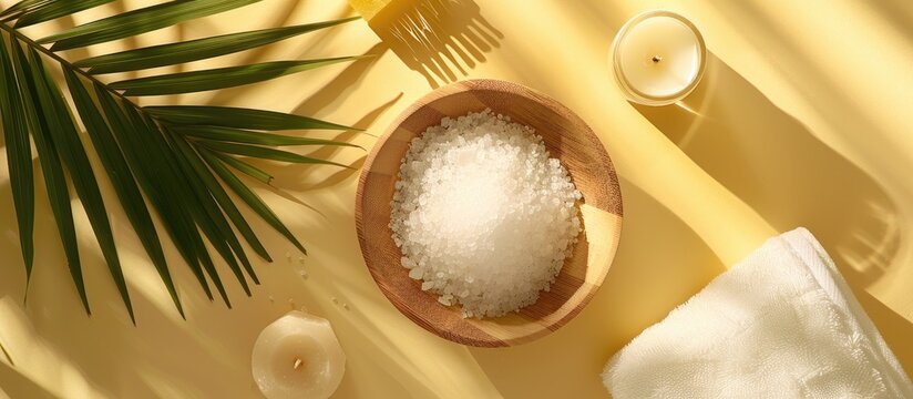 Spa bath arrangement featuring sea salt in a wooden bamboo bowl resting on a green palm leaf against a light yellow backdrop accompanied by an aromatic candle soap and a white towel creating a massag