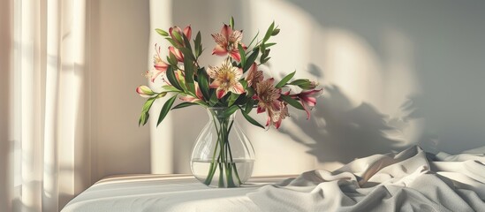 Vase with lovely alstroemeria flowers and decor on a bedside table in the bedroom. Copy space image. Place for adding text and design