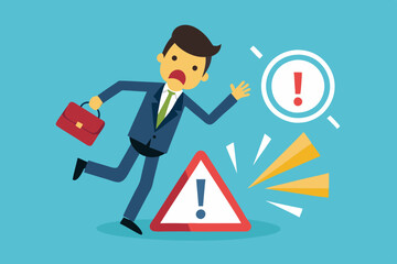 Caution or mistake attention, risk alarm with exclamation point symbol, error or failure warning, bankruptcy notice alert, problem attention concept, frustrated businessman fall under attention sign.

