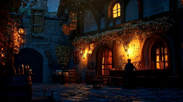 Cozy medieval tavern illuminated by warm candlelight, nestled in a stone-paved alley at night. Historical fantasy concept