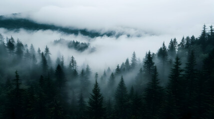 Naklejka premium Forest Covered Fog And Low Lying Clouds