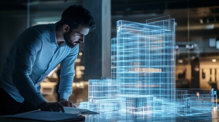 Fototapeta premium Architect utilizing glowing 3D modeling to create innovative building designs in modern studio