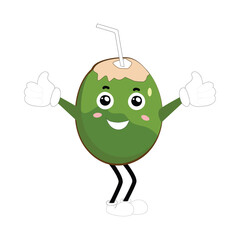 Coconut mascot, Summer Design Illustration of Happy Coconut Mascot Character with straw, lemon slice and small umbrella, while another gives thumbs up
