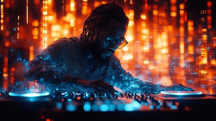 A DJ skillfully mixes tracks using holographic turntables, surrounded by colorful lights and an energetic atmosphere during a lively night event.