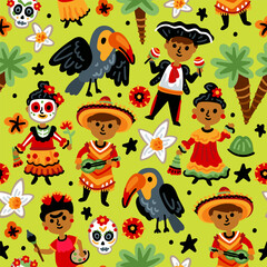 Bright cheerful children seamless vector pattern with symbols of Mexico. Mexican, cactus, toucan, national costumes, flowers. Latin America landmarks. Childish travel background