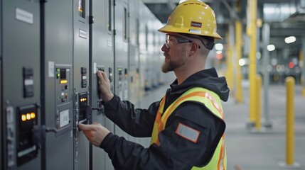 Electrician repairing control panel in industrial environment with safety glasses reflecting lights