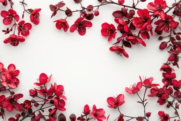 Red blossoms frame white background.