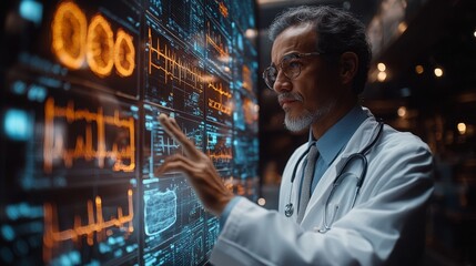 A doctor in a white coat examines holographic data indicating patient health metrics while engaging with technology in a high-tech medical setting.