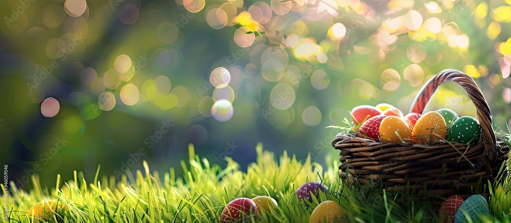 Sticker Colorful Easter eggs in a basket against a background of green grass with copyspace