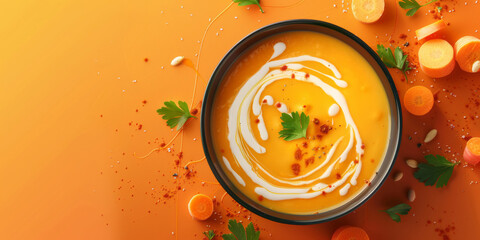 Top view of bowl of carrots cream soup on orange background. Seasonal food.