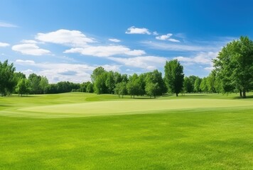 Fototapeta premium Lush Green Golf Course with Trees and Blue Sky