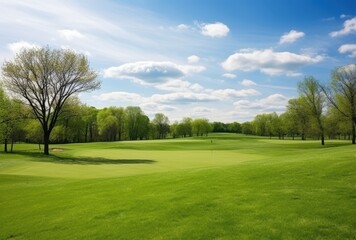 Naklejka premium Golf Course Green with Trees and a Blue Sky