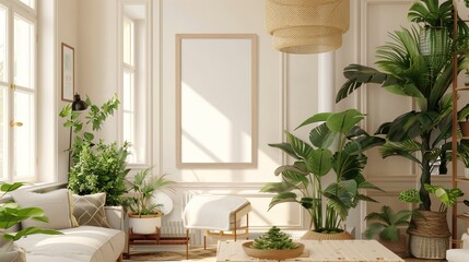 Fototapeta premium Create a Warm, Fresh Living Room Oasis: Stylish Green Plants, Cozy Sofas, and a Stunning Poster Frame - High-Resolution, Award-Winning Photography for Perfect Home Decor