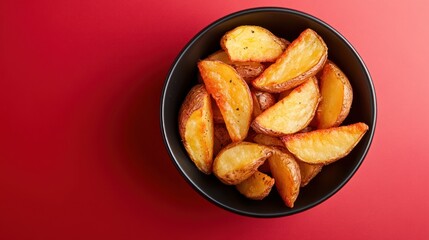 Close up of Frozen pre-cooked yellow sliced ​​potatoes in a black bowl, isolated on a red surface. Ai generated image