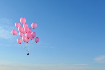Obraz premium Pink Balloon Release: A skyward view of dozens of pink balloons being released into the clear blue sky, symbolizing hope and remembrance. The balloons should vary in shades of pink, and a few clouds c