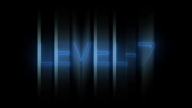 Glowing level-7 text with glitch effects animation. game concept next level icon isolated on black background.