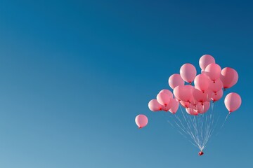 Fototapeta premium Pink Balloon Release: A skyward view of dozens of pink balloons being released into the clear blue sky, symbolizing hope and remembrance. The balloons should vary in shades of pink, and a few clouds c