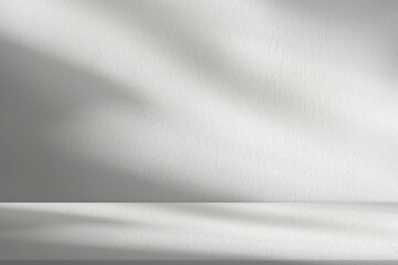 Background White Wall Studio Kitchen and Shadow,Light on Grey Surface Desk or Podium,Empty Room Wall Concrete Texture Top Shelf or Countertop for Cosmetic Product, Blank Backdrop Display With Sunlight