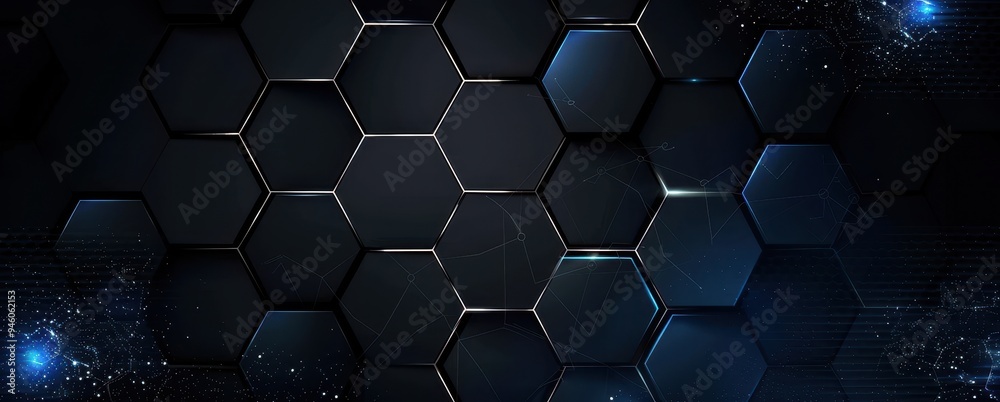 Poster Abstract Dark Hexagon Pattern with Blue Glowing Edges and White Specks