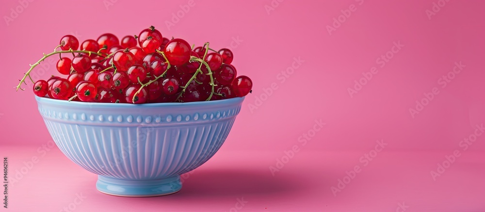 Poster Fresh red currants in a blue bowl on a pink background Summer berry fruit Nutritious fruits and food. Copy space image. Place for adding text and design