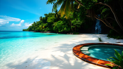 A tropical beach with crystal-clear turquoise waters and white sand