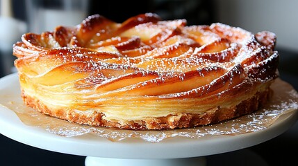   A powdered sugar-covered cake sits on a white plate on a black tablecloth, placed on a black table