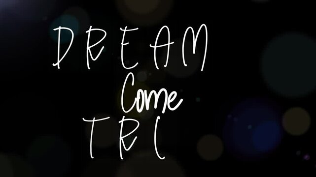 DREAM COME TRUE text animation with decorated balloons and bokeh background - Business concept