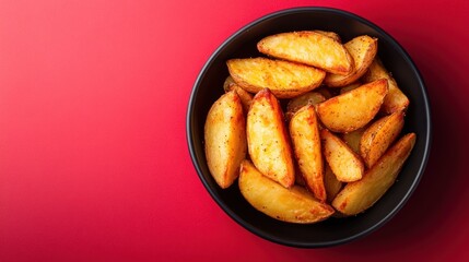 Close up of Frozen pre-cooked yellow sliced ​​potatoes in a black bowl, isolated on a red surface. Ai generated image