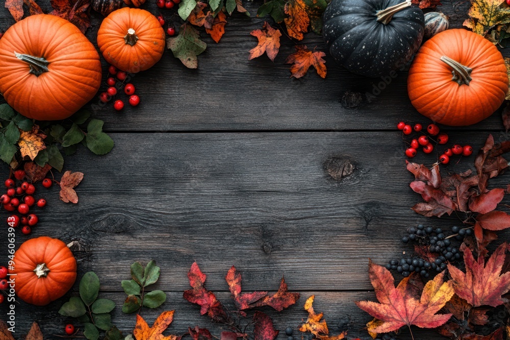 Wall mural autumnal pumpkins and leaves surrounding a wooden surface