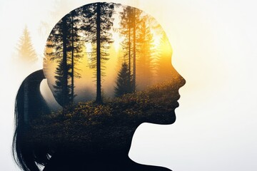 Autumn background. A tranquil blend of nature and human spirit captures an idyllic moment where a forest meets the silhouette of a woman, symbolizing harmony at sunrise