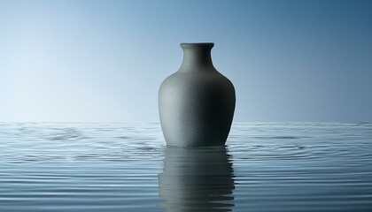Minimalist scene with grey vase partially submerged in water.