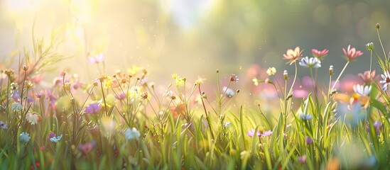 Summer meadow green grassy field and wildflowers bathed in warm sunlight nature backdrop idea soft focus warm pastel hues. Copy space image. Place for adding text and design