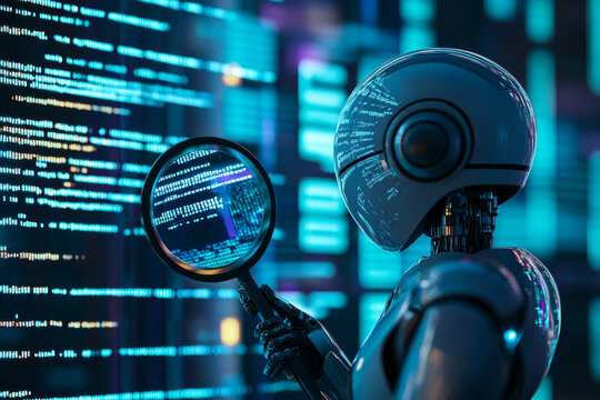 An AI robot with a magnifying glass, inspecting lines of code on a digital screen, symbolizing artificial intelligence in cybersecurity for threat detection
