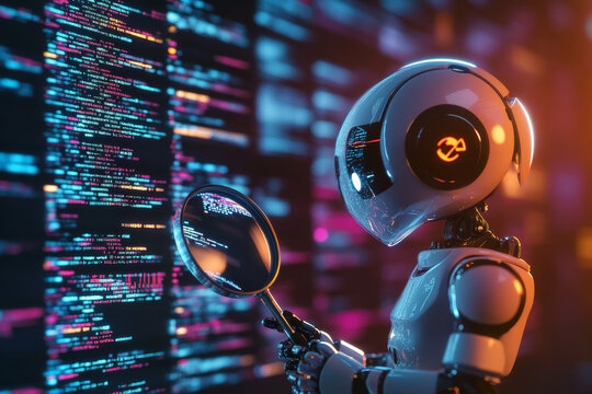 An AI robot with a magnifying glass, inspecting lines of code on a digital screen, symbolizing artificial intelligence in cybersecurity for threat detection