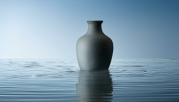 Minimalist scene with grey vase partially submerged in water.