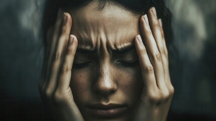 A woman sits quietly with her eyes closed, hands pressed against her head, conveying deep stress and anxiety in a moment of reflection. Generative AI