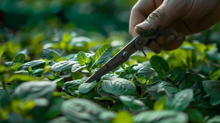 Gardener cutting spicy herbs with scissors growing at home vegetable garden, close-up view. Concept of home growing organic greens