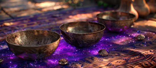 Tingsha cymbals and large quartz singing bowls sit on an Andean Peruvian handwoven cloth featuring purple light with Tibetan text displaying the mantras OM Mane Padme Hum. Copy space image