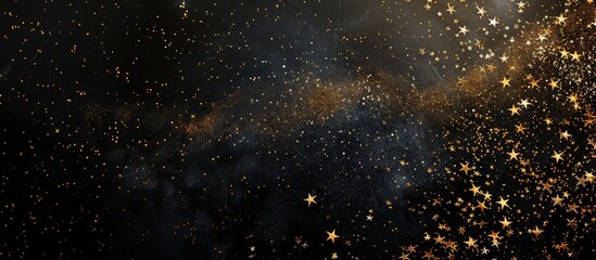 Obraz premium Golden stars against a black background Top view. Copy space image. Place for adding text and design