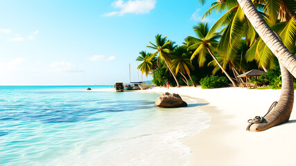 A tropical beach with crystal-clear turquoise waters and white sand