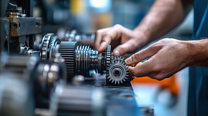 Naklejka premium A close-up of a person adjusting gears to ensure perfect alignment in a mechanical device.
