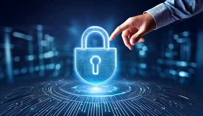 High-Tech Cybersecurity Visuals with Floating Digital Symbols and Interactive Elements