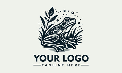 Vector logo drawing of a frog sitting in grass. Ideal for naturethemed designs, educational materials, and wildlife conservation campaigns.