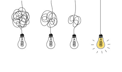 One continuous line drawing of tangled and scribble wires with light bulbs. Concept of complex problem solving process and Clarifying idea in simple linear style. Doodle vector illustration eps 10