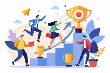 Growth to success, team achievement or teamwork to achieve target, career development or business strategy to win or victory, growing business concept, business people running up graph to trophy. 
