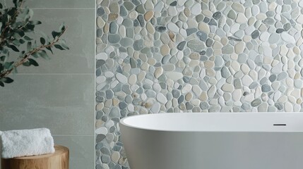 A spa-like bathroom with a tile wall featuring a mosaic of pebbles in various shades of grey and white, creating a natural, textured look