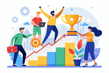 Growth to success, team achievement or teamwork to achieve target, career development or business strategy to win or victory, growing business concept, business people running up graph to trophy. 
