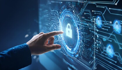 High-Tech Cybersecurity Visuals with Floating Digital Symbols and Interactive Elements