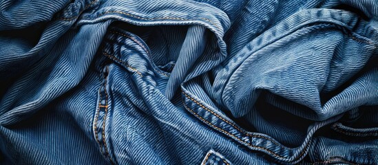 Selective focus on blue denim jeans top view showcasing the detailed fabric The textile material features a cotton pattern signifying a tough and durable garment style Suitable for use as a backgroun