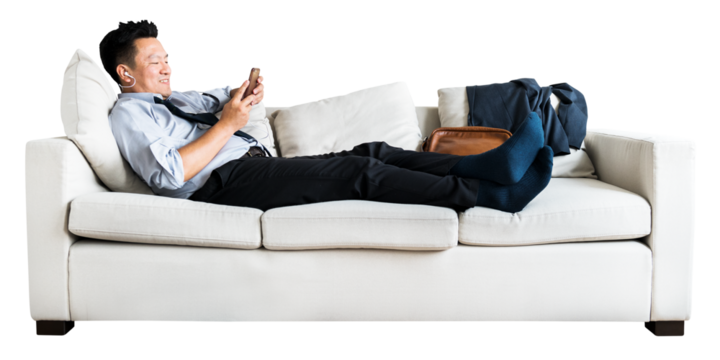 Businessman png texting on sofa sticker, transparent background